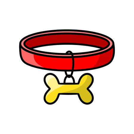 Cartoon red dog collar with yellow id tag in the form of a bone. Accessory for walking dogs and puppies. Care goods and accessories for pet shop. Vector isolated illustration on white background.のイラスト素材