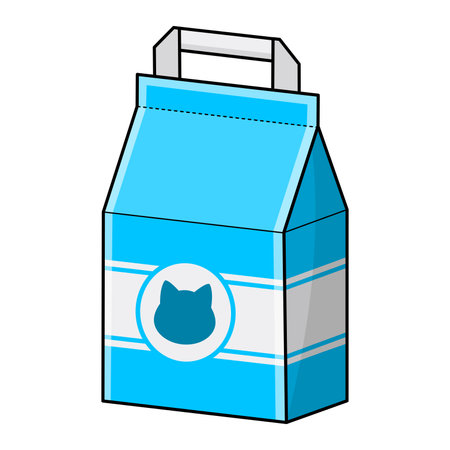 Cartoon clumping cat litter. Cat litter for kittens and adult cats. Care supplies for domestic animal pet. Colorful clipart of accessories and goods for pet shop. Isolated vector illustration.のイラスト素材