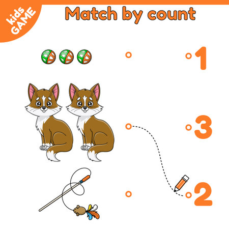 Match by count. Math game for kids. Count and choose the correct numbers. Page of activity book for kids. Task for preschool and school education. Cartoon kittens and cat toys. Vector illustration.のイラスト素材