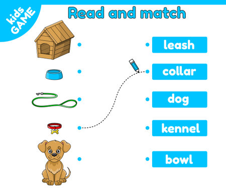 Word match educational game. Learning english vocabulary. Page of activity book for children. Printable worksheet for preschool and school kids. Cartoon dog and pet accessories. Isolated vector designのイラスト素材