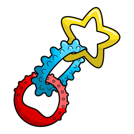 Cartoon puppy teething toy. Dental toy for puppy and adults dogs. Care supplies for domestic animals. Colorful clipart of accessories and goods for pet shop. Colorful isolated vector illustration.のイラスト素材