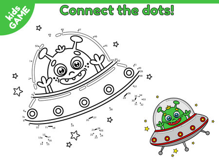 Dot to dot game for children. Connect the dots and draw a cartoon extraterrestrial in flying saucer. Page of activity book with cute alien and ufo. Vector space characters. Educational puzzle for kidsのイラスト素材