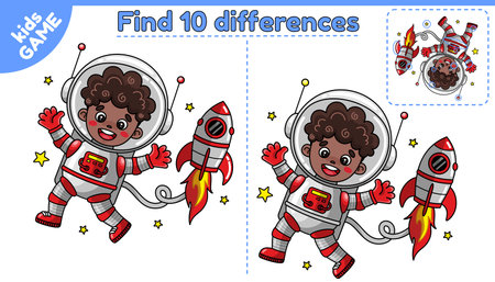 Educational game for kids. Find 10 differences. Cartoon astronaut boy afro american with spacecraft in space. Puzzle for children. Worksheet for preschool and school education. Vector illustration.のイラスト素材