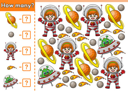 Counting game for children. Kids math game. How many space objects. Count cartoon astronauts girls, comets, aliens, planets Saturn and Mercury. Worksheet for preschool and school education. Vector.のイラスト素材