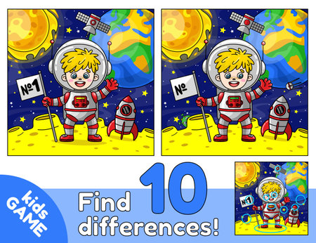 Educational game for kids on space theme. Find 10 differences. Cartoon boy astronaut with rocket on moon on the background of the planet Earth, Sun, stars. Puzzle for children. Vector illustration.のイラスト素材