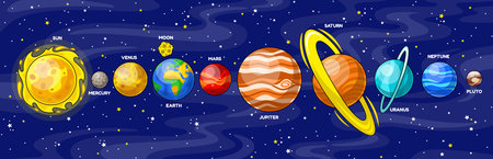 Cartoon planets of solar system. Planetary order scheme. Colorful vector illustration on space theme. Universe. Star Sun and planets Earth, Moon, Mars, Saturn and other. Perfect for education childrenのイラスト素材