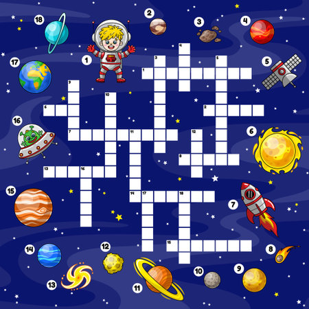Crossword puzzle game for kids on space theme. Educational worksheet for school children. Page of activity book with english words. Cartoon star Sun, planets of Solar system. Colorful vector design.のイラスト素材