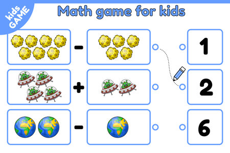 Math counting game for children. Count space objects and choose the number. Exercise for addition and subtraction training. Task for education kids. Cartoon aliens, Moons and planets Earth. Vector.のイラスト素材