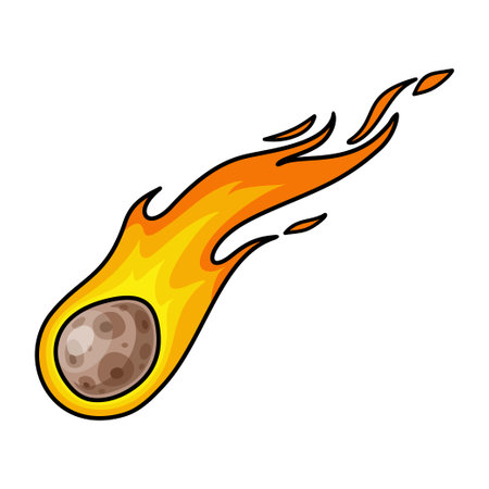 Cartoon flying space comet. Falling meteor with tail of fire. Isolated vector colorful illustration of meteorite with flame trail on white background. Heavenly body. Colored clipart on a cosmos theme.のイラスト素材