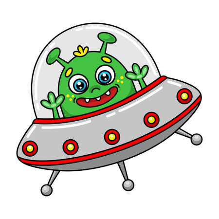Cartoon smiling alien in flying saucer. Cute space extraterrestrial. Isolated vector colorful illustration of ufo on white background. Colored clipart on a cosmos theme.のイラスト素材