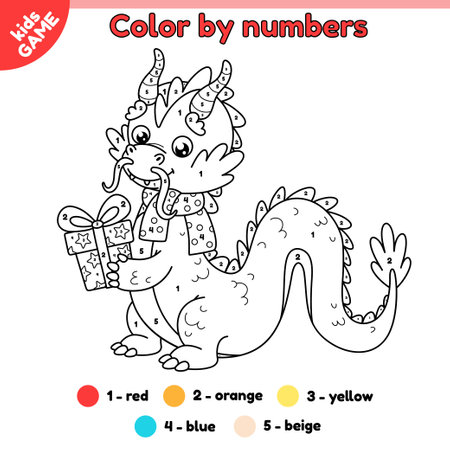 Page of the coloring book by numbers for children with cute Christmas dragon in scarf. Color cartoon holiday dragon with a gift in paws. Puzzle for kids. Vector outline illustration of symbol new yearのイラスト素材