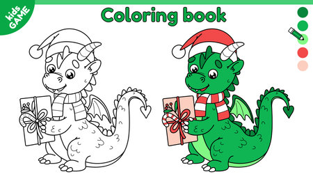 Cartoon dragon in Christmas red santa claus hat. Page of coloring book for children with holiday dragon with a gift in paws. Color outline picture. Vector kids illustration of symbol of the new year.のイラスト素材