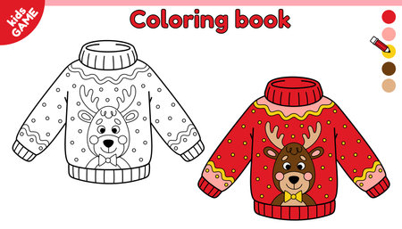 Christmas ugly sweater with deer. Page of coloring book for kids. Color holiday New Year jumper. Activity for preschool children. Vector outline illustration of traditional clothes for Xmas party.のイラスト素材