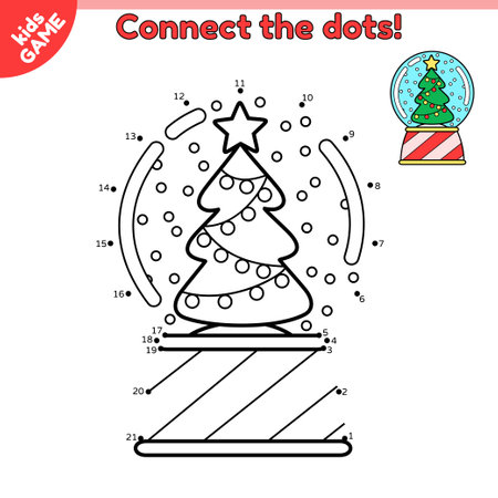 Dot to dot game for children. Connect the dots by numbers and draw a cartoon Christmas snow glass ball. Activity book for kids. Baby educational puzzle. Vector illustration snow globe with Xmas tree.のイラスト素材