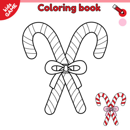 Outline Christmas red striped candy cane. Page of coloring book for kids with cartoon lollipop. Color contour new year caramel sweets. Activity book for children. Black and white vector illustration.のイラスト素材