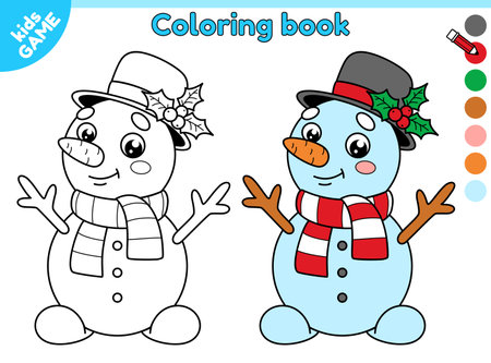 Cartoon snowman in scarf and hat with mistletoe. Page of coloring book for kids with winter snow character. Color outline picture. Activity for children. Black and white contour vector illustration.のイラスト素材