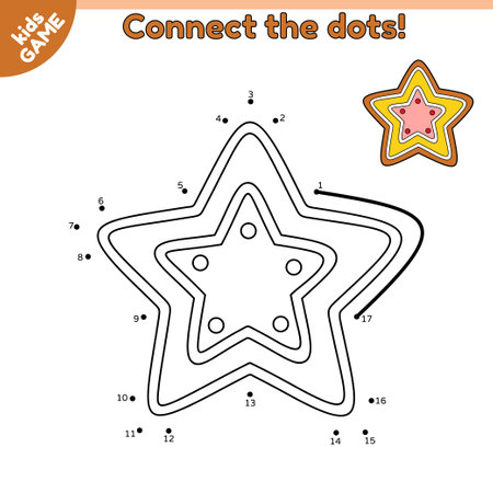 Dot to dot game for children. Christmas gingerbread star. Connect the dots by numbers and draw a cartoon New Year cookies. Educational puzzle for preschool kids. Vector illustration of holiday biscuitのイラスト素材