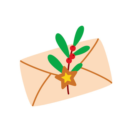 Christmas letter to Santa Claus with mistletoe and star. Xmas festive letter in cartoon flat style. Isolated colorful vector New Year illustration on a white background for winter holiday design.のイラスト素材