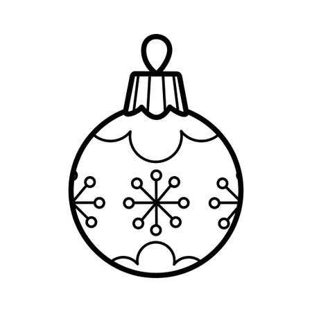 Outline Christmas tree ball with snowflakes. Page of kids coloring book. Color the contour Xmas spruce decoration. Isolated black and white holiday New Year vector illustration on a white background.のイラスト素材