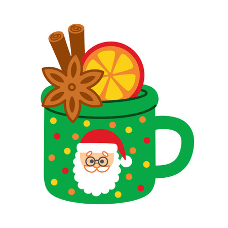 Christmas cocoa mug with cinnamon and orange. Holiday green cup in cartoon flat style. Isolated vector illustration on a white background. Perfect for Xmas and New Year festive winter design.のイラスト素材