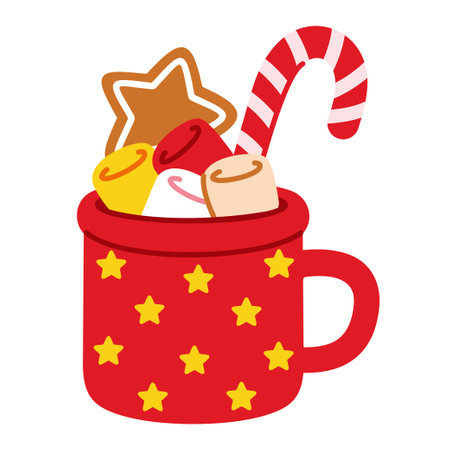 Christmas mug with marshmallow, candy cane and gingerbread star. Holiday red cup in cartoon flat style. Isolated vector illustration on a white background. Perfect for Xmas and New Year winter design.のイラスト素材