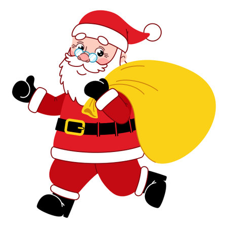 Christmas Santa Claus runs with a bag of gifts. Isolated vector illustration on a white background. Perfect for Xmas and New Year holiday design. Colorful winter character in cartoon flat style.のイラスト素材