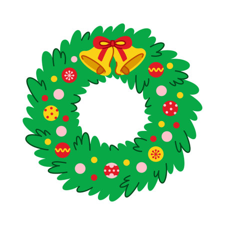 Christmas spruce wreath. Fir wreath decorated with Xmas decorations and bells in cartoon flat style. Isolated vector illustration on a white background. Perfect for New Year holiday design.のイラスト素材