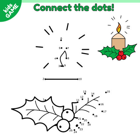 Dot to dot game for children. Connect the dots by numbers and draw a Christmas candle with mistletoe. Educational puzzle for kids. New Year holiday activity book for children. Vector illustration.のイラスト素材