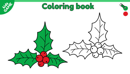 Page of kids coloring book with Christmas mistletoe. Color the outline holiday Xmas plant. New Year activity book for preschool and school children. Black and white vector cartoon illustration.のイラスト素材