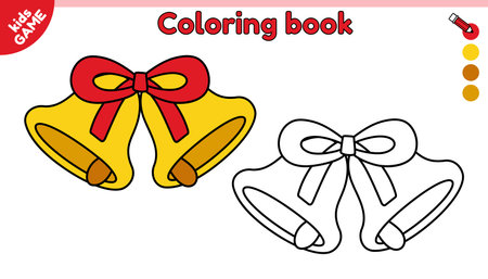 Page of kids coloring book with Christmas bells. Cartoon holiday bells with red bow knot. New Year activity book for preschool and school children. Color the outline picture. Vector illustration.のイラスト素材