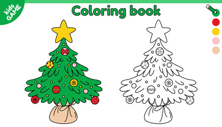 Page of kids coloring book with decorated Christmas tree. Color the outline holiday Xmas spruce with Xmas decorations and star on top. New Year activity book for children. Vector cartoon illustration.のイラスト素材
