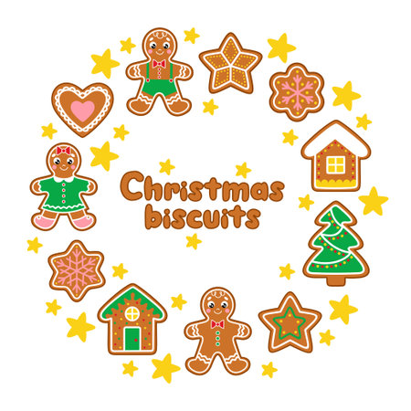 Colorful set of Christmas and New Year gingerbread biscuits for holiday design. Gingerbread men, tree, star, house and other. Vector colored flat illustrations of the Xmas cookies perfect for stickersのイラスト素材