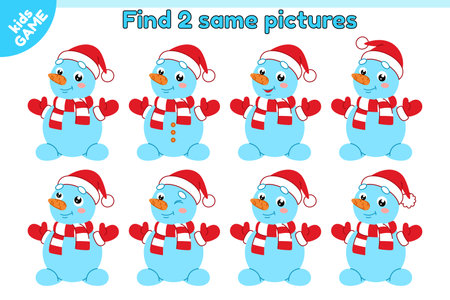 Educational kids game. Find 2 same picture with snowman in red hat of Santa. Puzzle for school education children. Holiday New Year activity book. Cartoon cute Christmas winter character. Flat vector.のイラスト素材
