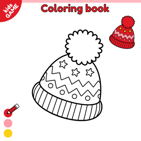 Page of kids coloring book winter hat. Outline cartoon hat with pom pom. Color the contour winter clothes. Activity book for preschool and school children. Isolated baby vector illustration.のイラスト素材