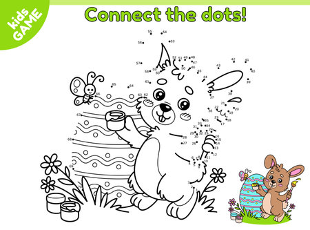 Dot to dot Easter kids game. Connect the dots by numbers, draw the cartoon rabbit. Cute hare paints the festive egg with a brush. Educational puzzle for children. Vector design on spring holiday themeのイラスト素材