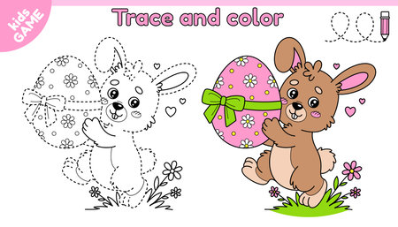 Kids educational Easter game Tracing lines. Cartoon rabbit carries egg decorated with ribbon and bow. Cute hare. Trace and color. Handwriting practice worksheet for children education. Vector design.のイラスト素材