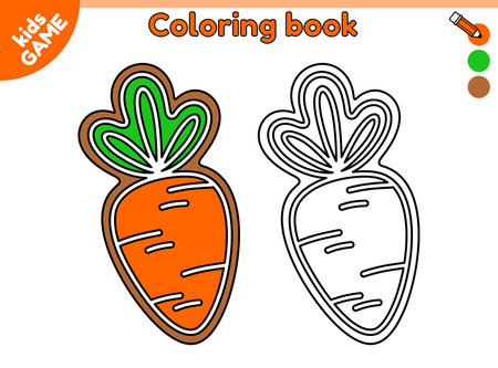 Page of kids coloring book with cartoon Easter gingerbread carrot. Color the outline picture. Festive treats for spring holiday. Activity book for kindergarten and school children. Vector illustrationのイラスト素材