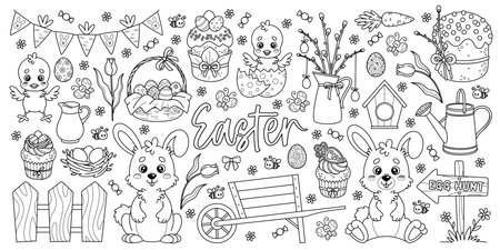 Outline set of Easter elements for spring holiday design. Chicks, rabbits, painted eggs, Easter cakes and other. Vector black and white contour cartoon illustrations perfect for kids coloring book.のイラスト素材