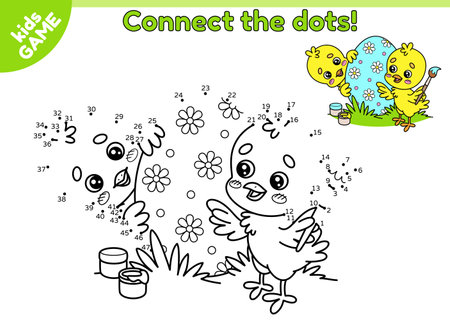 Dot to dot Easter kids game. Connect the dots by numbers, draw a cartoon chicks. Small chicks paints the egg with a brush. Educational activity book for school children. Vector spring holiday design.のイラスト素材