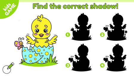 Educational kids Easter game. Find the correct shadow. Cartoon chick hatched from egg. Cute chick in cracked egg. Activity book for school children. Vector baby illustration on spring holiday theme.のイラスト素材