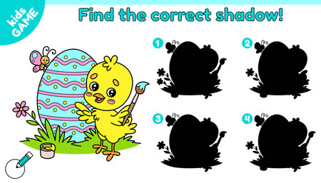 Educational kids Easter game. Find the correct shadow. Cartoon chick paints the egg with a brush for spring holiday. Worksheet for school education. Activity book for children. Vector illustration.のイラスト素材