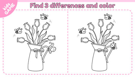 Kids game Find 3 differences. Cartoon jug with tulips. Cute bees fly around the vase. Funny butterfly sitting on a pitcher. Spot the differences. Puzzle for children. Outline vector illustration.のイラスト素材