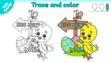 Kids educational Easter game Tracing lines. Cute chick standing by a wooden Easter egg hunt arrow sign. Trace and color. Handwriting practice page for children education. Contour vector illustration.のイラスト素材