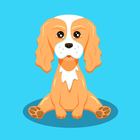 Cute sitting dog. Funny vector illustration in flat style on blue backgroundのイラスト素材