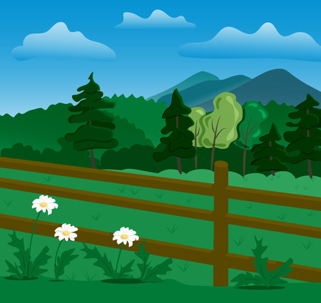 Summer Mountain Landscape Scene. White daisies and fence with mountains on the background. concept illustration in flat styleのイラスト素材