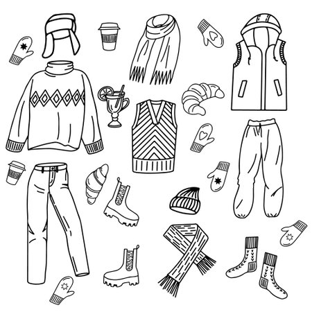 Hand drawn warm and winter clothes with croissants and drinks set. Isolated fashion vector set in doodle style.のイラスト素材