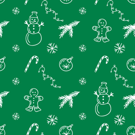 Christmas cute white doodle seamless pattern on the green background. Isolated vector illustration. Christmas gift paper. New Year mood. winter decoration. Snowman, balls, snowflakes, gingerbread man, lights.のイラスト素材