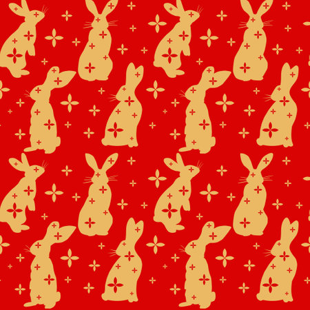 2023 Lunar New Year rabbits seamless pattern. Outlines golden rabbits on the red background. Vector isolated illustration in flat style. Perfect for textile prints, decoration, wrapping.のイラスト素材