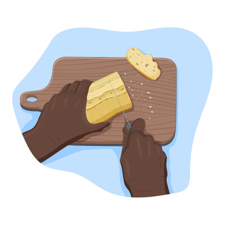Illustration of a black man cutting bread on a wooden cutting board.のイラスト素材