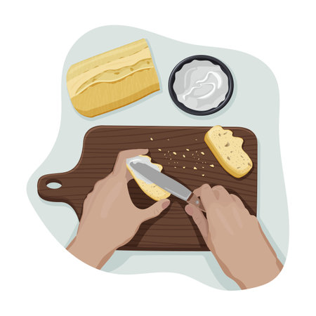 Cutting cheese on a wooden board. Vector illustration in flat style.のイラスト素材